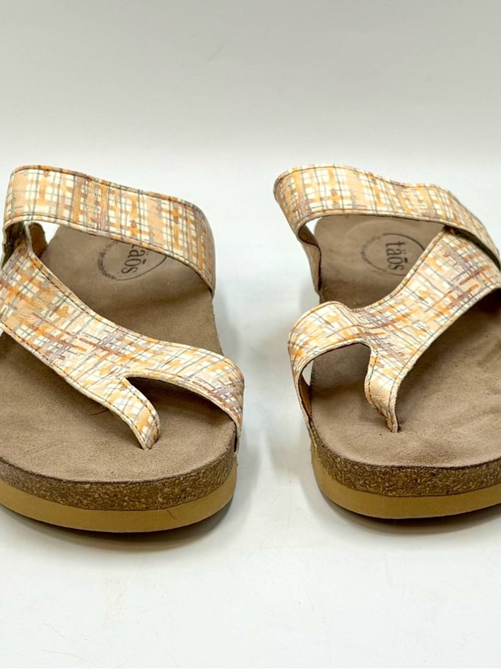 Taos Footwear “Lola” Women's Sandal in Orange Beige Plaid & Cream Accents, EU 40